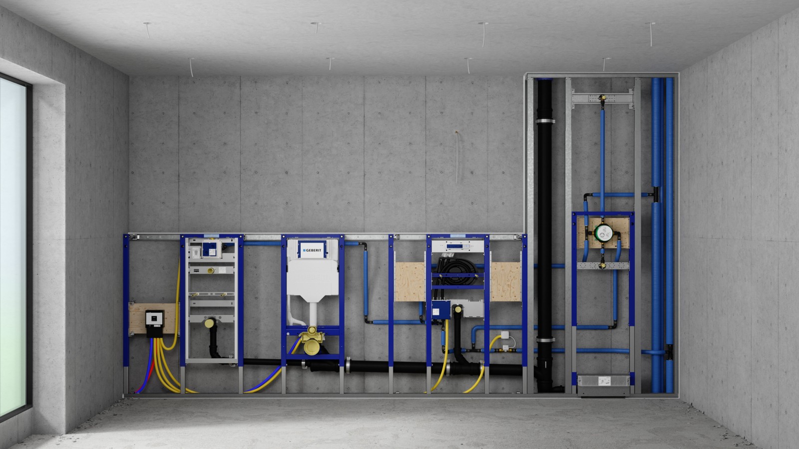 Instalacijski zid s Geberit Duofix elementima za pisoar, WC, umivaonik i tuš Instalacijski zid s Geberit Duofix elementima za pisoar, WC, umivaonik i tuš